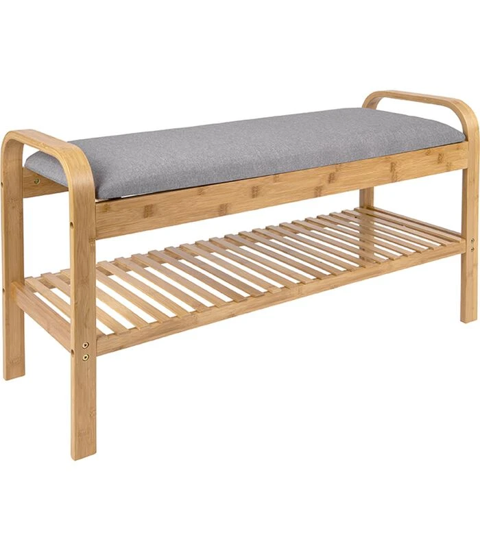 Leitmotiv Bank Arch - Bamboe Met Grijze Stof - 90x33x50cm 3 Leitmotiv Bank Arch - Bamboe Met Grijze Stof - 90x33x50cm