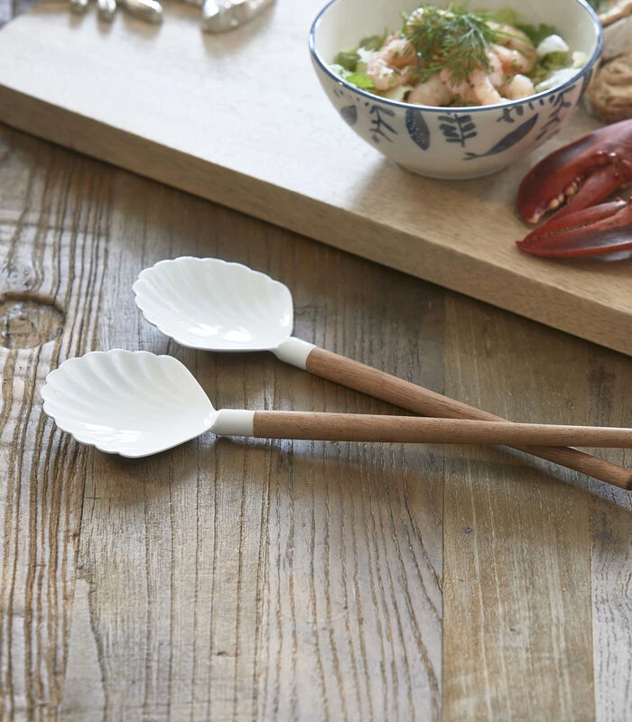 Saladebestek 2-Delig Opscheplepel Schelp - Beach Shell - Wit/ Bruin 4 Saladebestek 2-Delig Opscheplepel Schelp - Beach Shell - Wit/ Bruin - Afbeelding 2