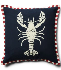 Kussenhoes, 50x50, Kreeft, Gestrept - Happy Lobster - Blauw
