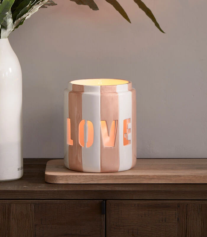 Windlicht Porselein Gesptreept Met Tekst - Love - Roze/ Wit 4 Windlicht Porselein Gesptreept Met Tekst - Love - Roze/ Wit - Afbeelding 2